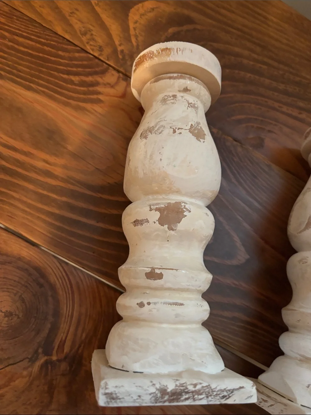 Rustic Distressed White Wood Candlestick Pair - Home Accents